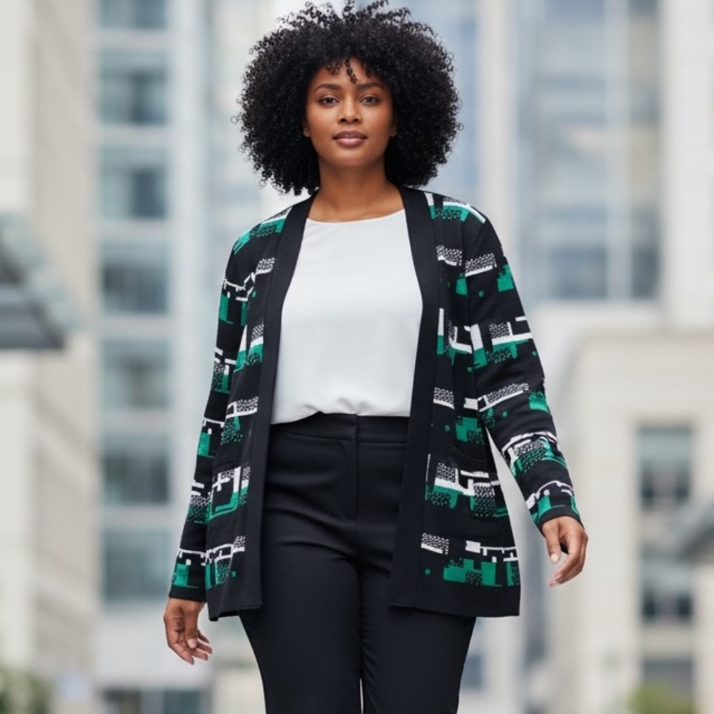 Ming Wang Black Green White Geometric Print Open Front Cardigan Sweater 1X‎ -B14
